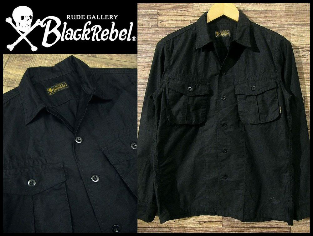 送無 美品 定価23,760円 RUDE GALLERY BLACK REBEL ルードギャラリー 19AW MILITARY SHIRT 長袖 オープンカラー ミリタリー シャツ 黒 S_画像1