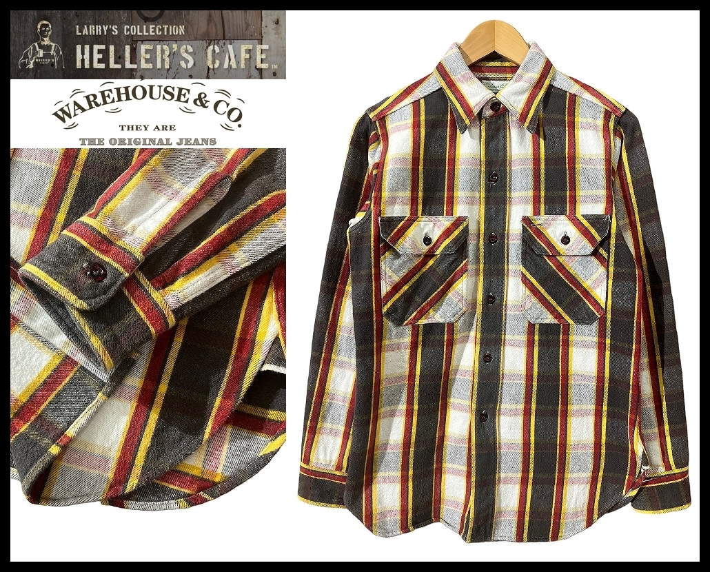 ■ 希少 美品 HELLER'S CAFE ヘラーズカフェ WAREHOUSE ウエアハウス 40s 復刻 ヘビー フランネル 起毛 加工 チェック ネルシャツ シャツ M