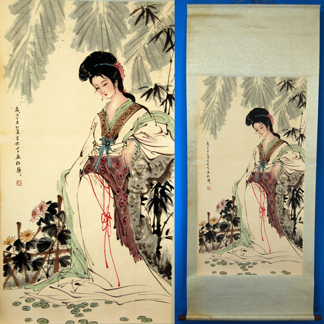 ヤフオク F 中国美術 白伯 白伯 美人画 人物画 掛