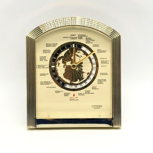 【19170】CITIZEN シチズン クオーツ 世界時計310 8RW310 金色 アイボリー 置き時計 説明書付 動作確認済み 経年保管品 中古 梱包60サイズの画像2