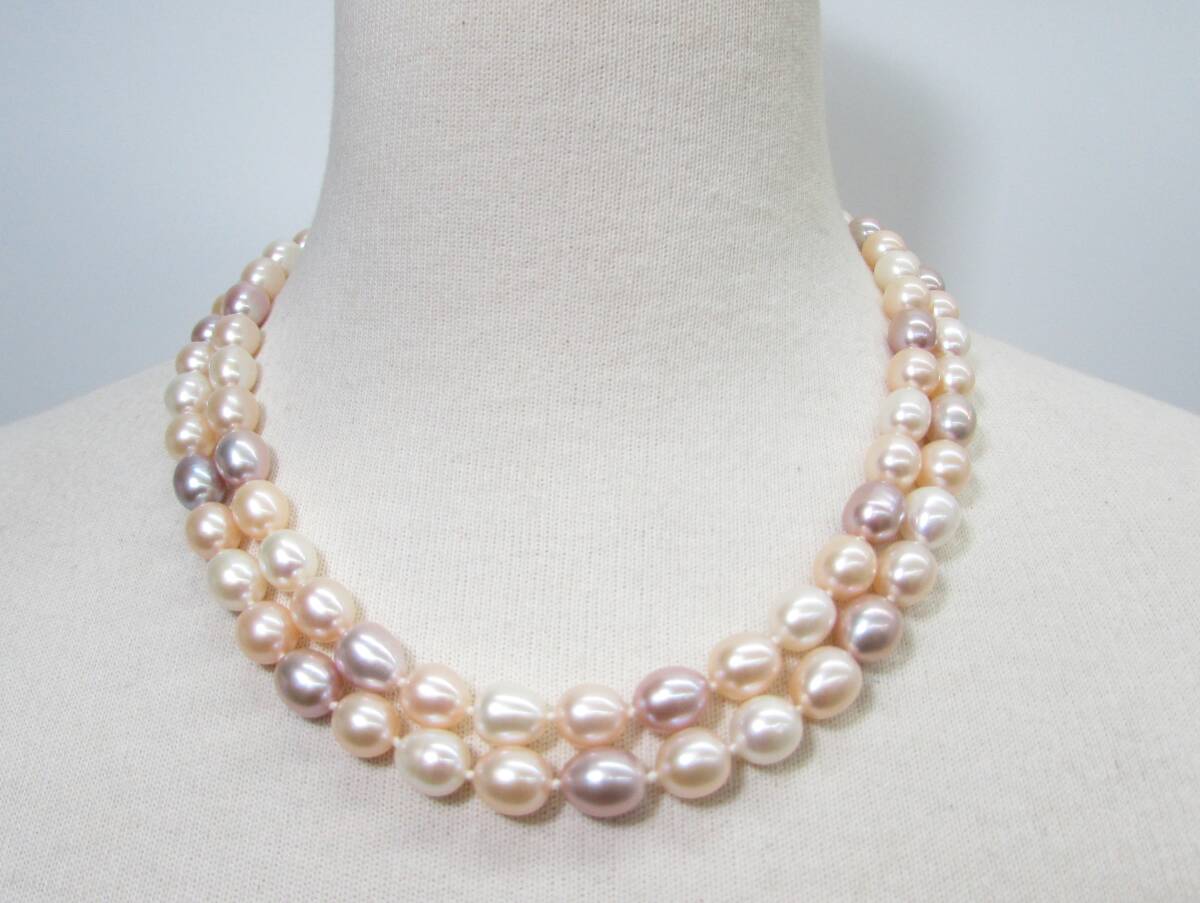 美品 Wish Pearl ウィッシュパール 淡水パール 本真珠 バロック 直径9㎜ ネックレス ロングネックレス マルチカラー アクセサリー 袋付 A42の画像3