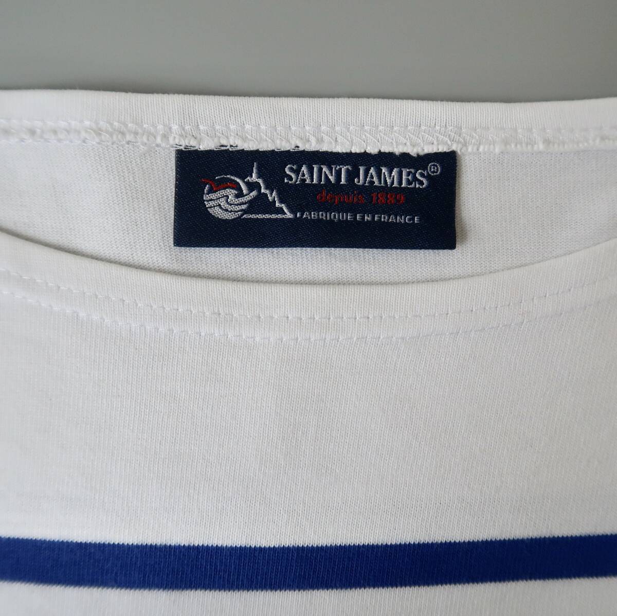  records out of production type & largish [SAINT JAMESna Val white × cobalt blue dual border boat neck shirt 6 L France made ]NAVAL