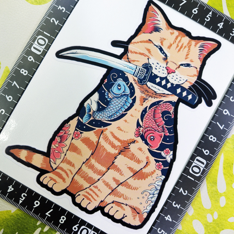 猫 ステッカー 15×11 (cm) Cat05    [にゃんこ 侍 タトゥー 入れ墨 ジョーク ]の画像1