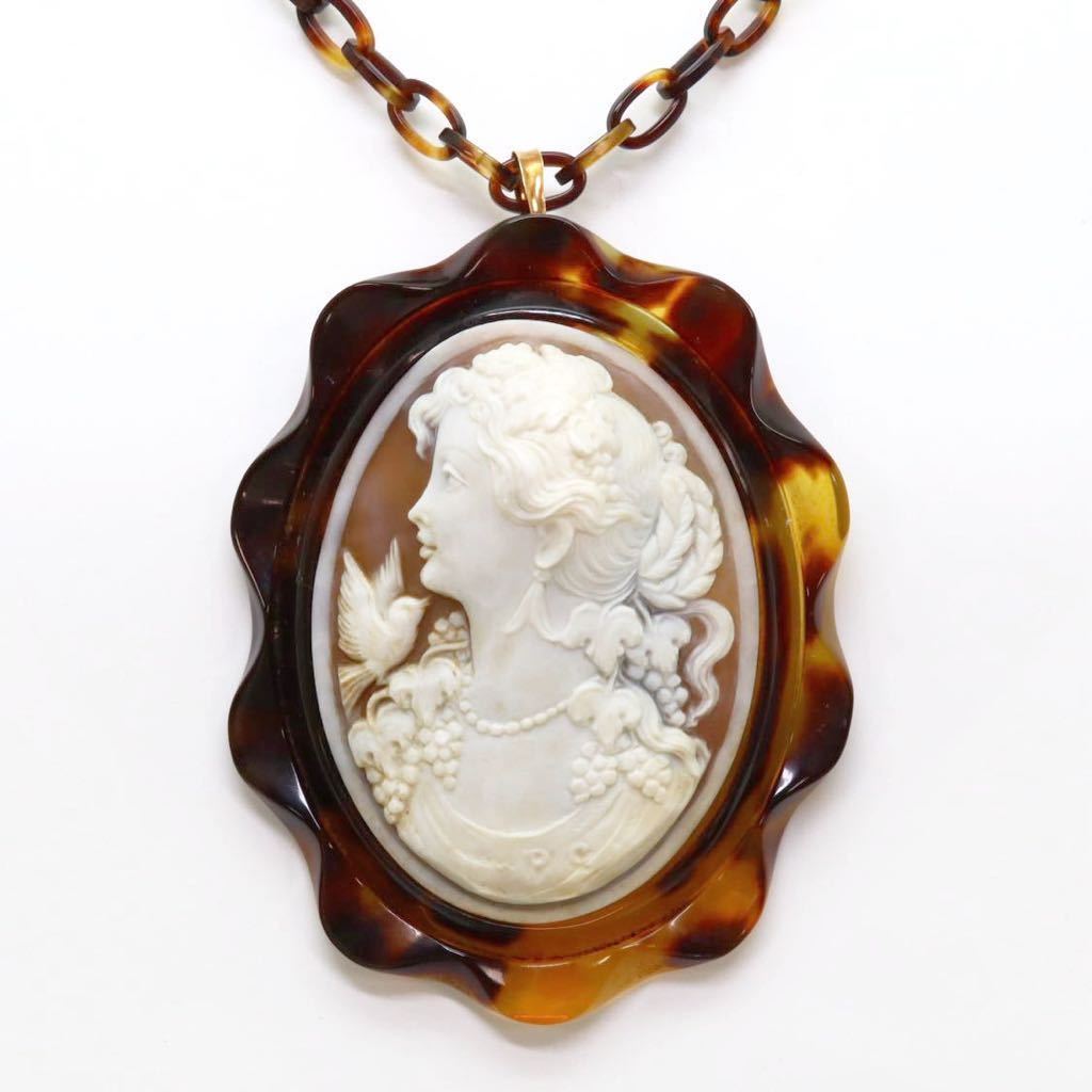 ＊K18鼈甲/カメオネックレス＊m 約34.0g 約59.0cm べっこう べっ甲 cameo necklace broach jewelry DC0/DC0_画像1