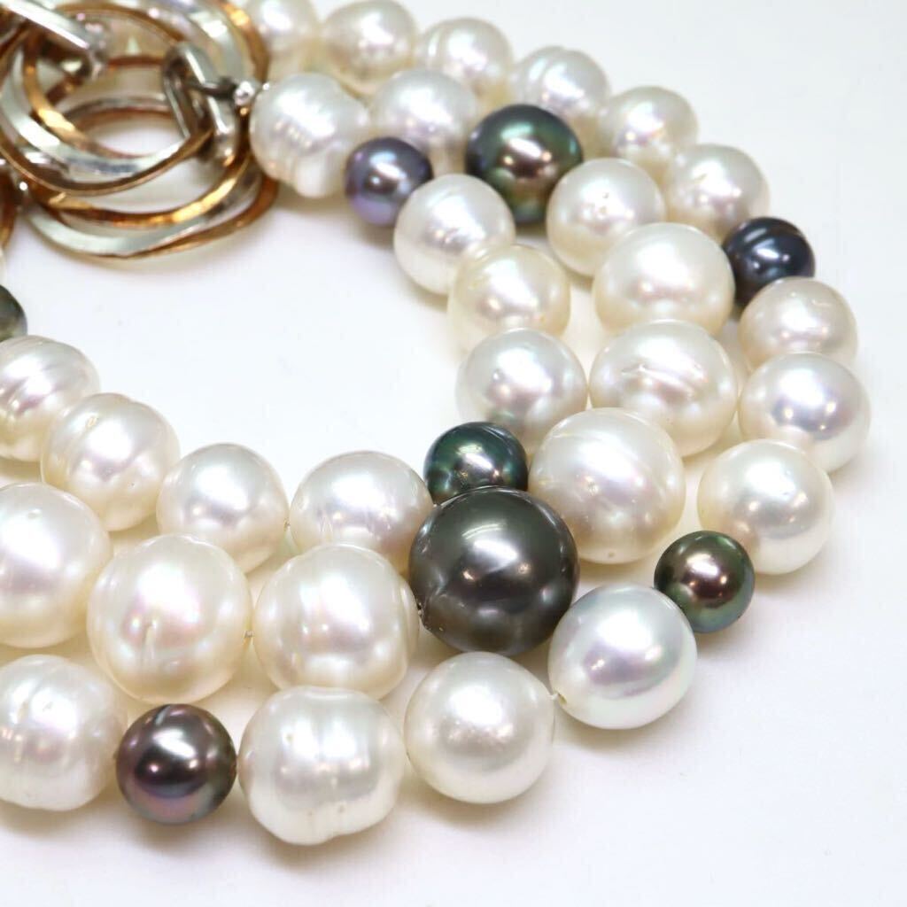 豪華!!＊南洋マルチパールロングネックレス＊m 111.5g 76.5cm 7.5~13.0mm 白蝶 黒蝶 ゴールデン pearl jewelry necklace silver DE0/EA5_画像1