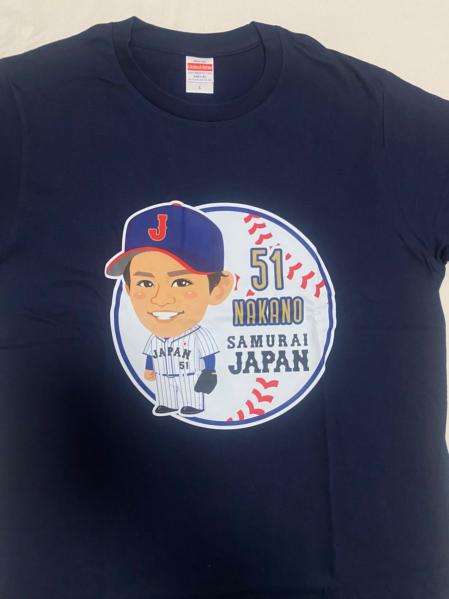 未使用品 阪神タイガース 侍ジャパン 中野拓夢 似顔絵 Tシャツ ネイビー L サイズ