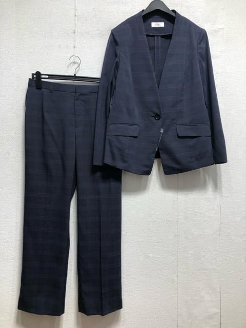 新品☆LL♪紺系サマースーツ♪ノーカラーパンツスーツ♪オフィス☆r898_画像2