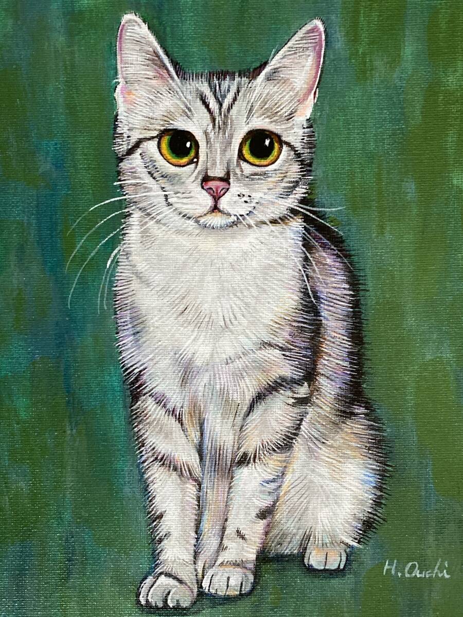 虎猫 絵画 手描き アクリル画 ネコ インテリア 真作 495_画像2