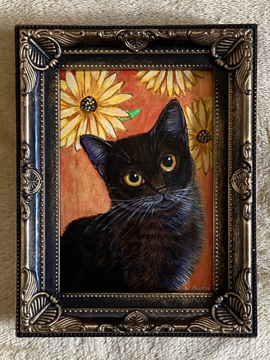 黒猫 絵 アクリル画 ネコのイラスト 真作 ゴールド系 508_画像1