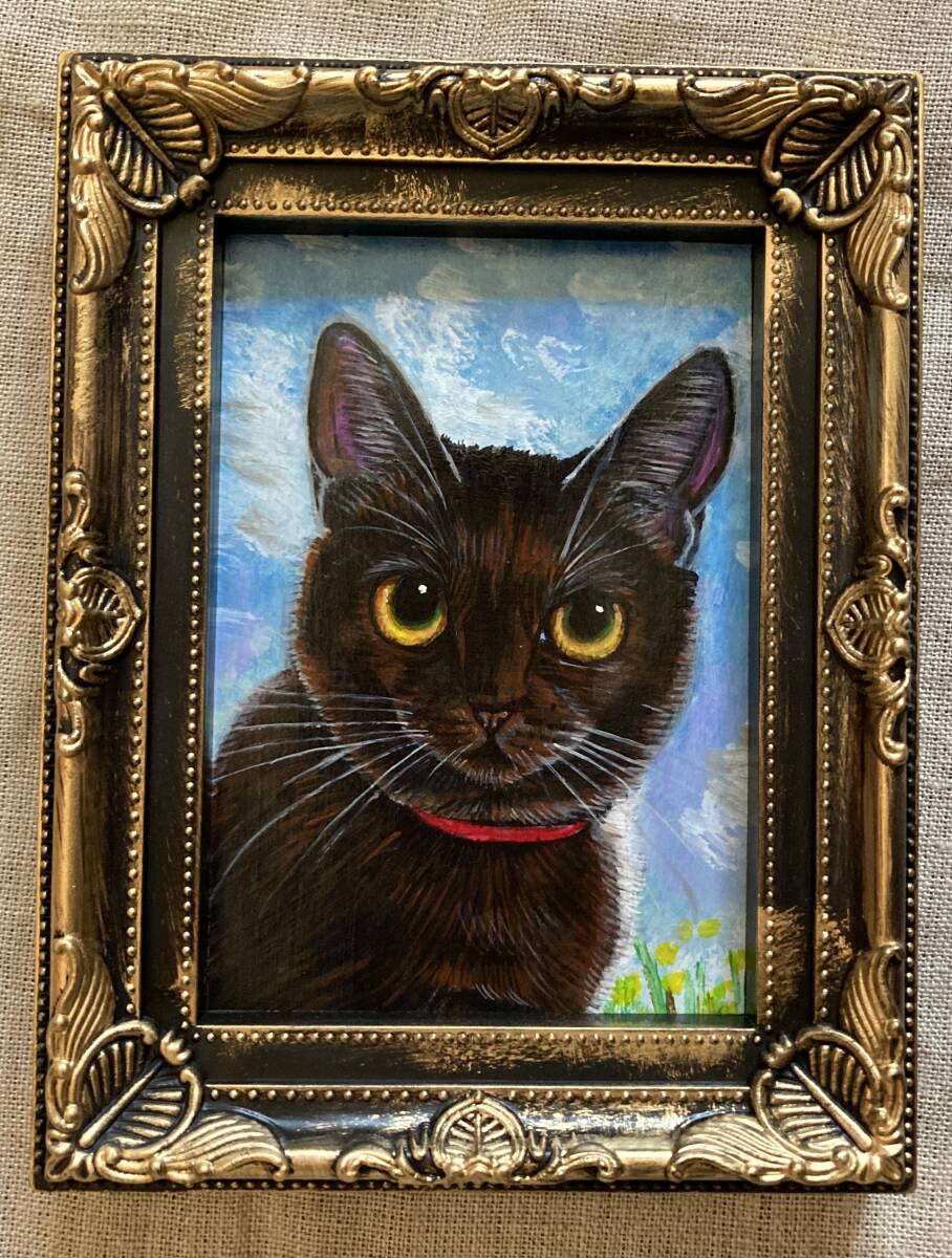 黒猫 絵画 アクリル画 ネコのイラスト 真作 528_画像1
