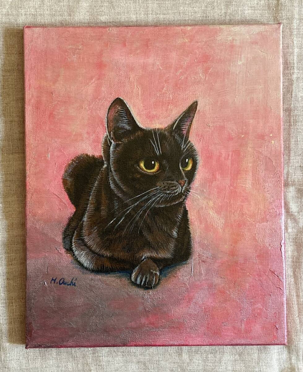 黒猫 絵画 手描き アクリル画 ネコ インテリア 真作 モデリングペースト 512_画像1