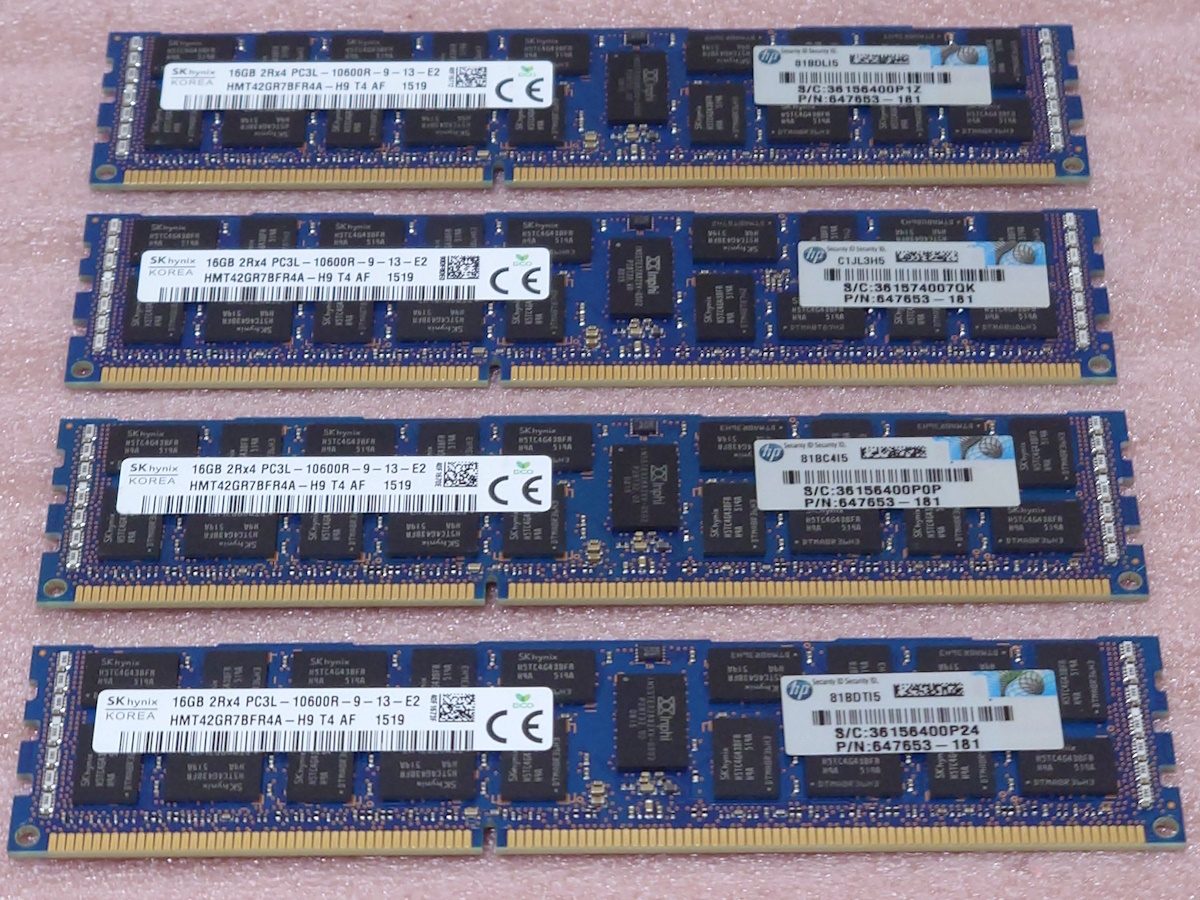 ○SK hynix HMT42GR7BFR4A-H9 4枚セット - PC3L-10600R/DDR3L-1333 ECC REG/Registered 240Pin DDR3 RDIMM 64GB(16GB x4) 動作品の画像1