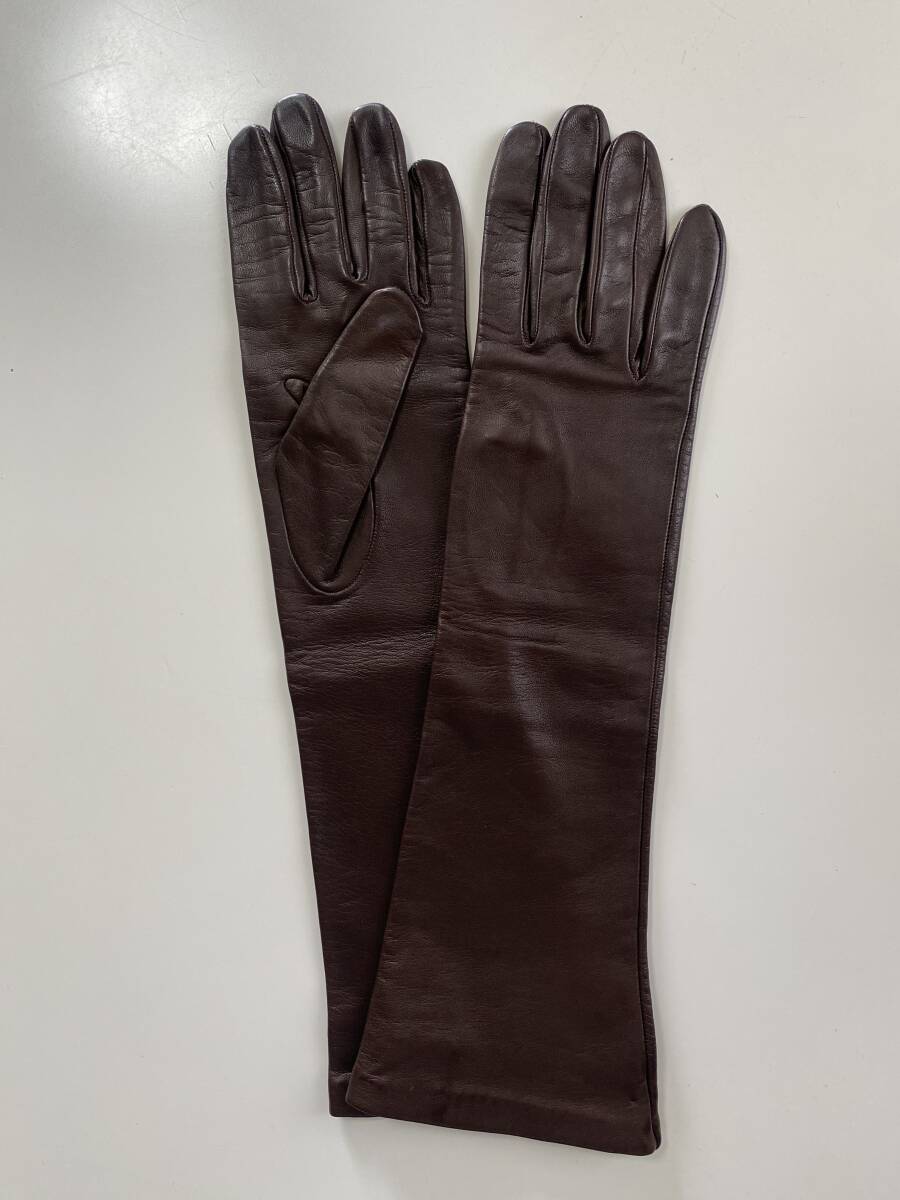 [ beautiful goods ] Italy made CERUMO ne-ta lady's leather long glove dark brown leather gloves size 6 half silk lining 