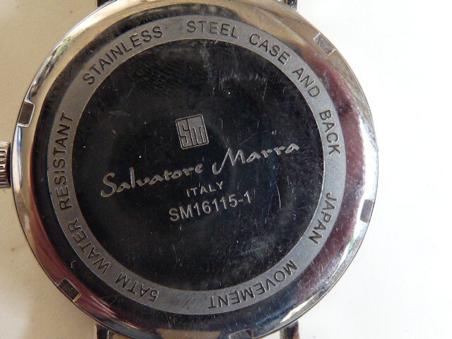 電池交換◆Salvatore Marra サルバトーレ マーラ SM16115-1 メンズ 腕時計 QZ シルバー文字盤 デニムベルトの画像7