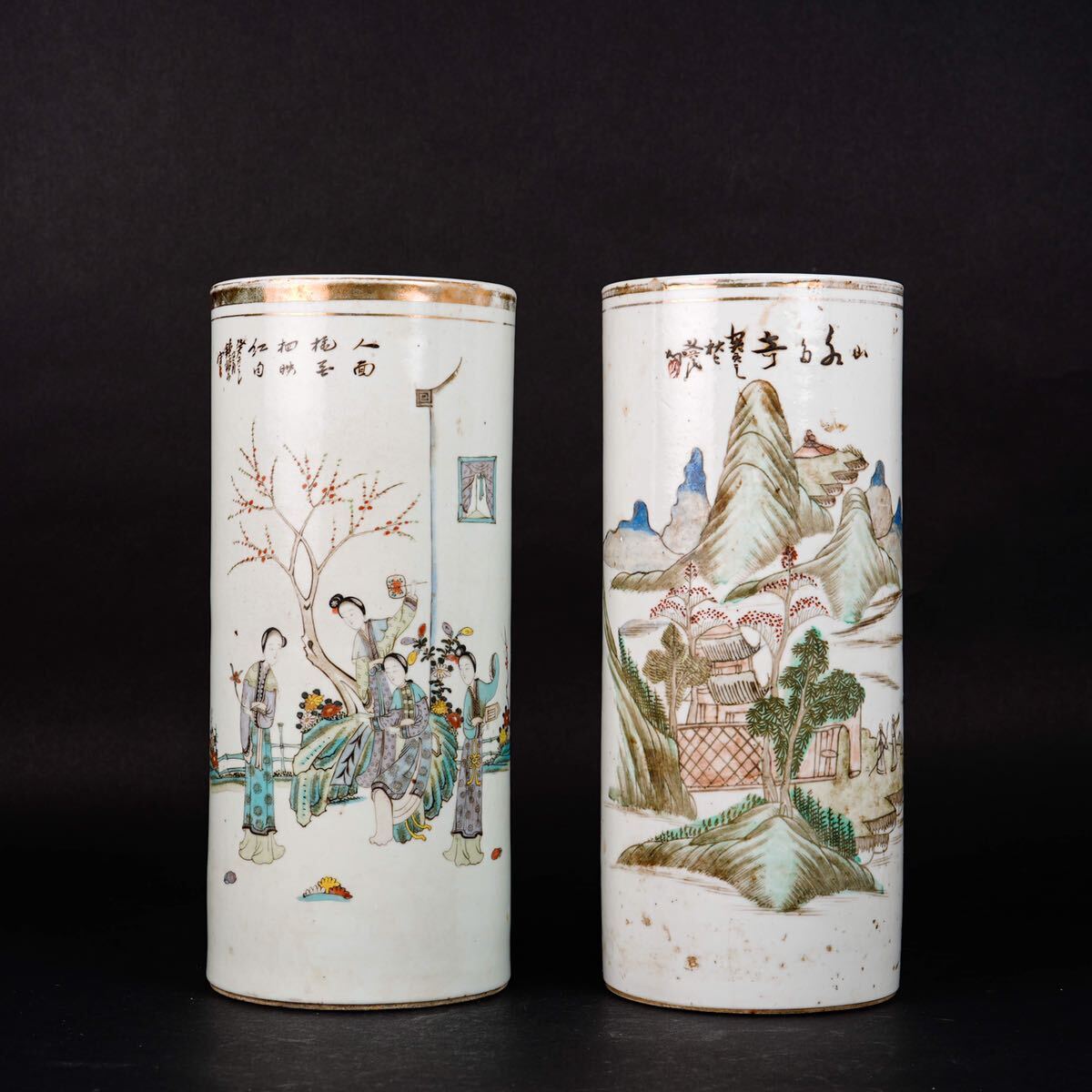 【後】HB016 清代在銘色絵人物筆筒セット古美術 骨董品 古玩 時代物 古道具 中国美術品 朝鮮美術品 日本美術品_画像1