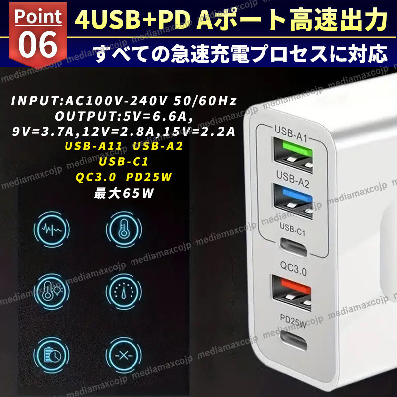 ACアダプター USB 急速 充電器 65W type-C タイプC スマホ パソコン FD QC3.0 保護 GaN コンセント 5ポート 同時充電 iPhone android 黒 PD