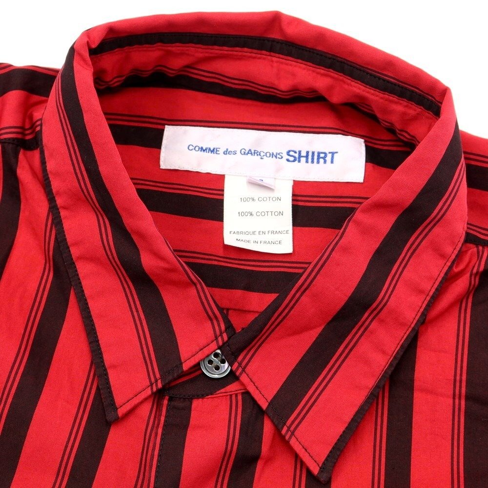 【未使用】コムデギャルソンシャツ 2022年春夏 製品染コットン ストライプ 半袖シャツ レッドxブラック【サイズM】の画像4