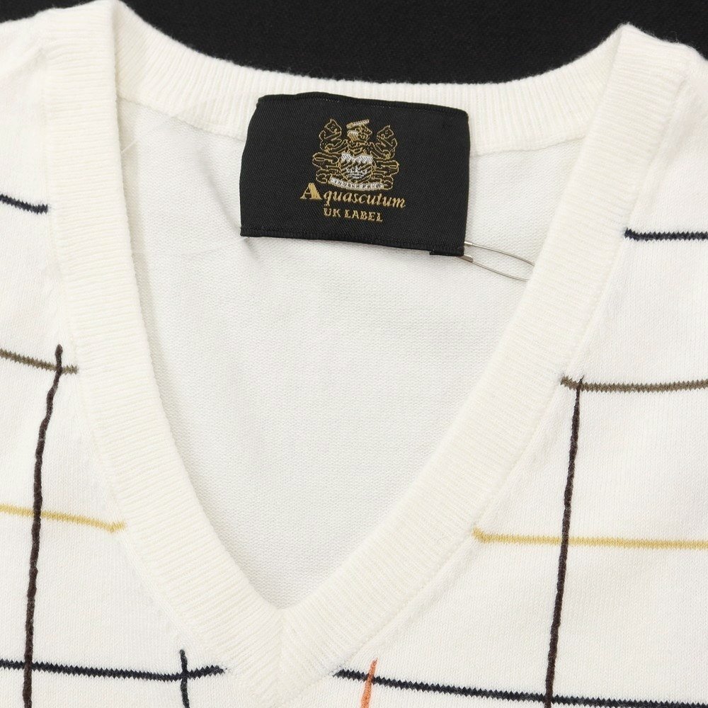 【中古】アクアスキュータム Aquascutum ハイゲージコットン Vネックニット ホワイトxブラック【サイズL】_画像3