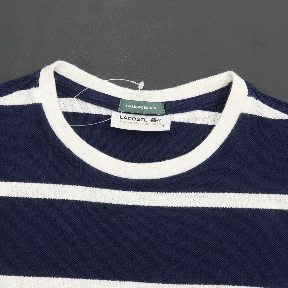 【中古】ラコステ LACOSTE 鹿の子コットン ポケット クルーネックTシャツ ネイビーxホワイト【サイズ2】 DPD_画像3