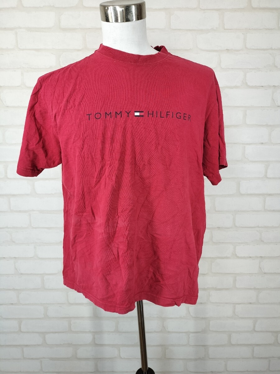 US アメリカ 古着 輸入品 半袖 プリント コットン 綿 Tシャツ Tシャツ サイズ L 赤　バーガンディ TOMMY HILFIGER　トミー 099_画像1