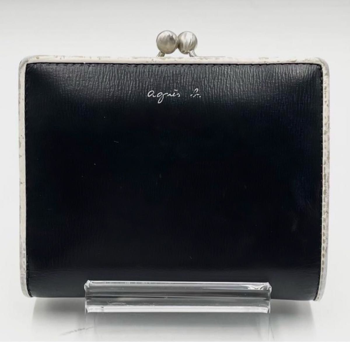 agnes b. アニエスベー　レザー 二つ折り財布 がま口 シルバー金具 バイカラー　美品
