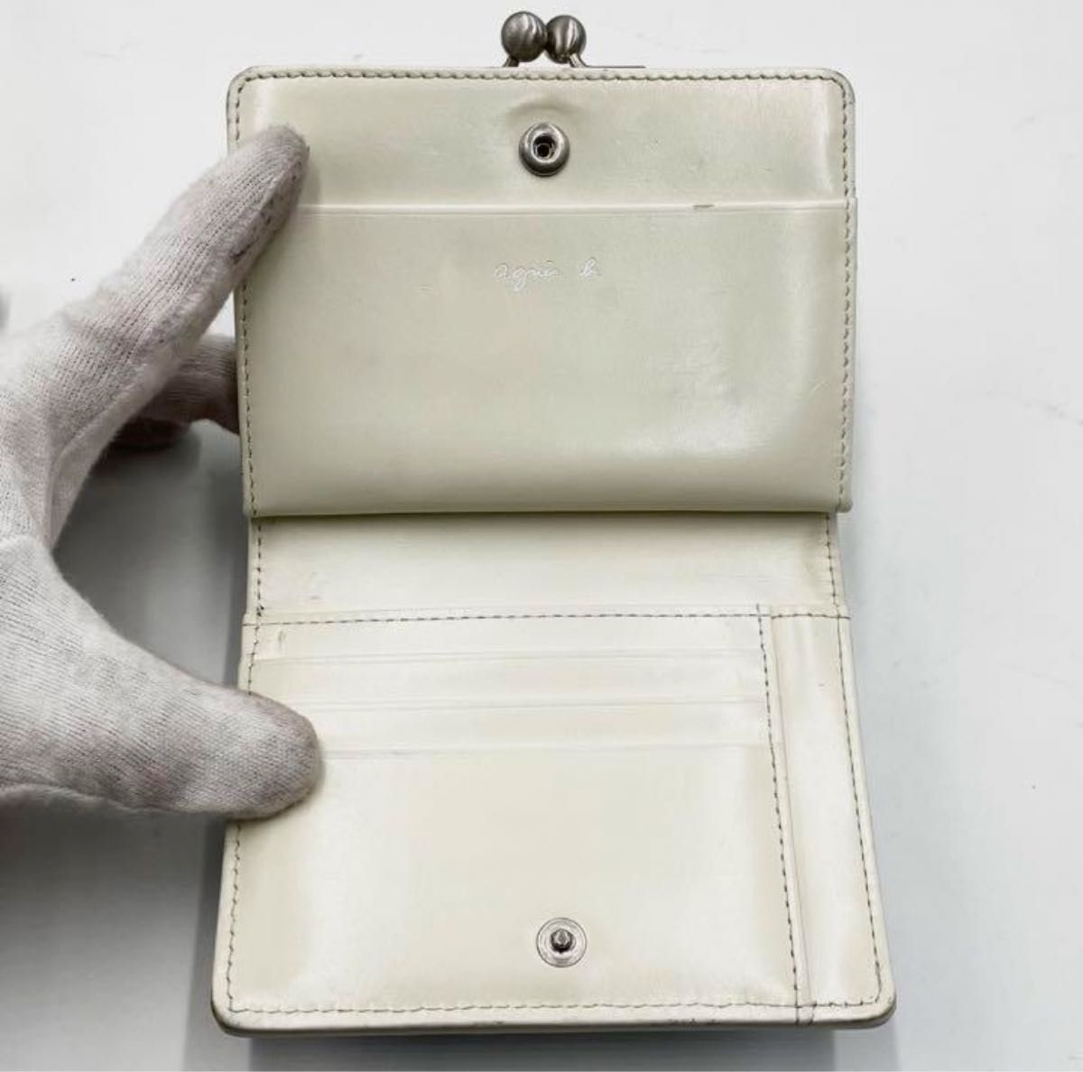 agnes b. アニエスベー　レザー 二つ折り財布 がま口 シルバー金具 バイカラー　美品