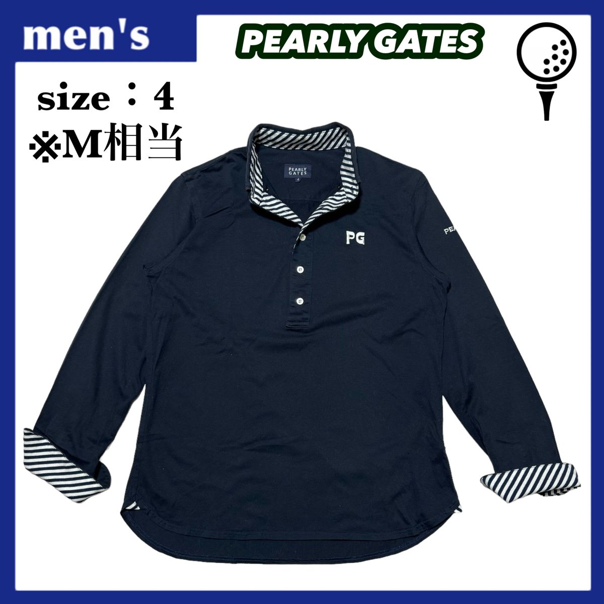 PEARLY GATES パーリーゲイツ ハーフボタン ボタンダウンシャツ メンズ サイズ4 M相当 ネイビー ゴルフウェア