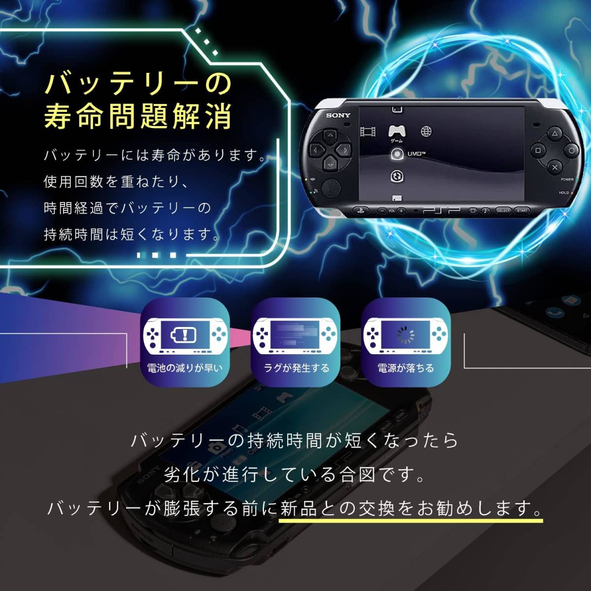 ゲームテックス【2個セット】【PSE認証済み】PSP 2000/3000専用 バッテリーパック 3年保証付きの画像3