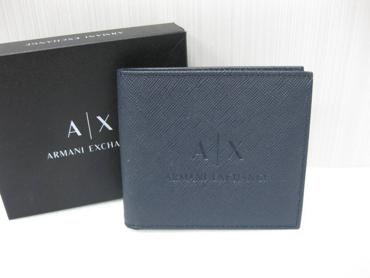 美品 A/X ARMANI EXCHANGE アルマーニエクスチェンジ 二つ折り 財布 ネイビー 紺 レザー メンズの画像1