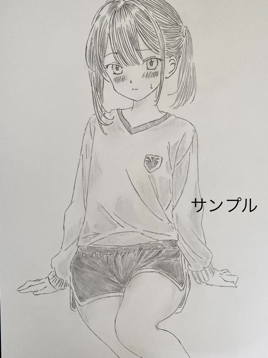 同人　手描きイラスト　A4 女子高生　清純系　体操服　3枚セット　オリジナル　モノクロ　鉛筆画　少女　_画像2