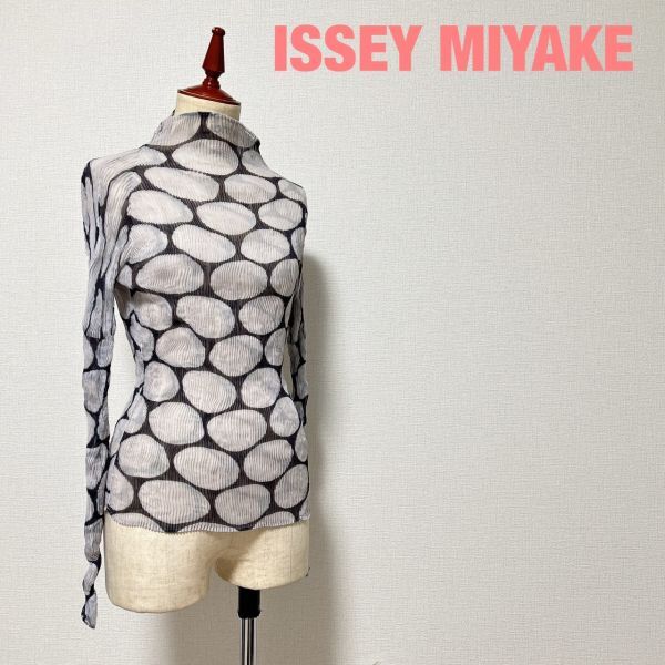 B0004★8 高級 ISSEY MIYAKE イッセイミヤケ レディース ストレッチ タイト ハイネック ポップコーントップス ブラウス Tシャツ 総柄 2size