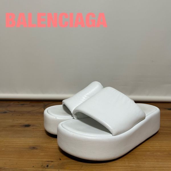 D0002★10.5 現行高級 BALENCIAGA バレンシアガ レディース レザー 厚底 ラバーソール シャワーサンダルパンプス 靴 白 シューズ 656960 36