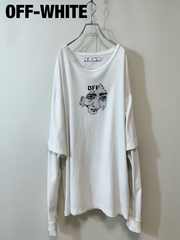 M0012★4 OFF-WHITE オフホワイト レイヤード BIG ロング T シャツ カットソー 白 黒 両面プリント グラフィック MEN'S 株イーストランド