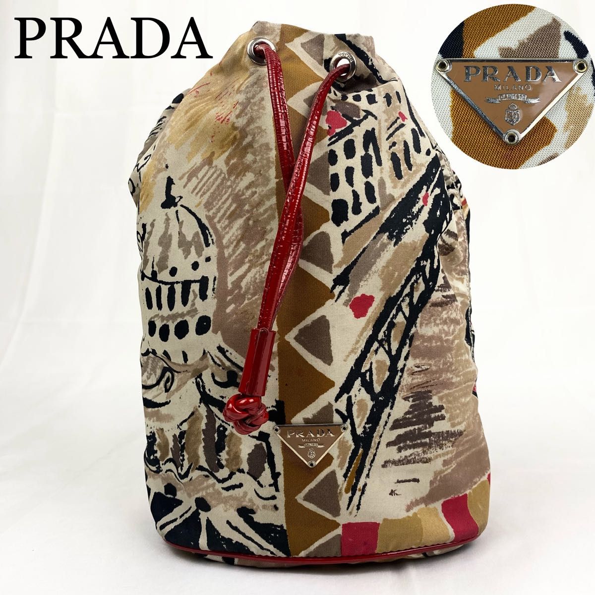 希少】PRADA プラダ 巾着バッグ 三角ロゴ ベネチア柄 ナイロン 希少】PRADA プラダ 巾着バッグ 三角ロゴ ベネチア柄 ナイロン