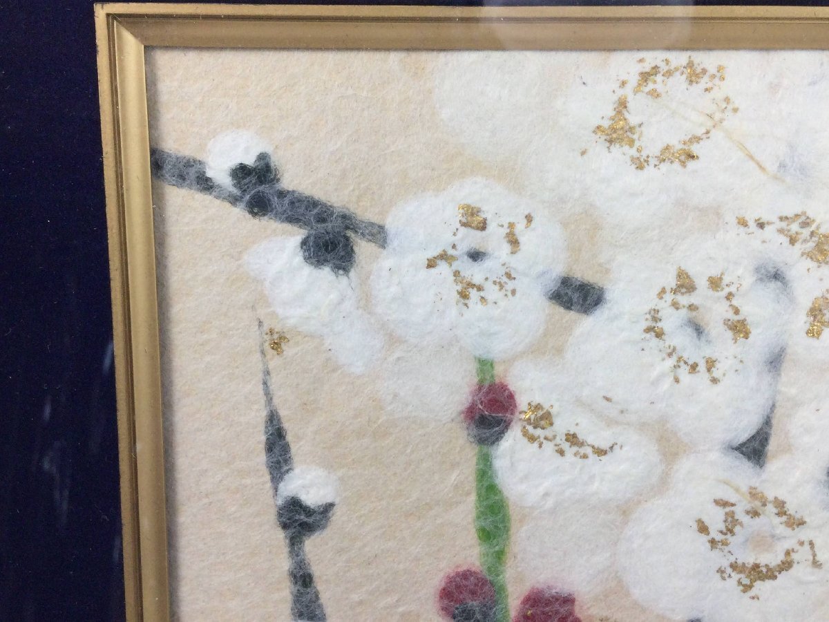 【三】山内一生 小原工芸 紅白梅 共シールあり 作品：約23ｘ26ｃｍ 額装　s3716B_E_画像2