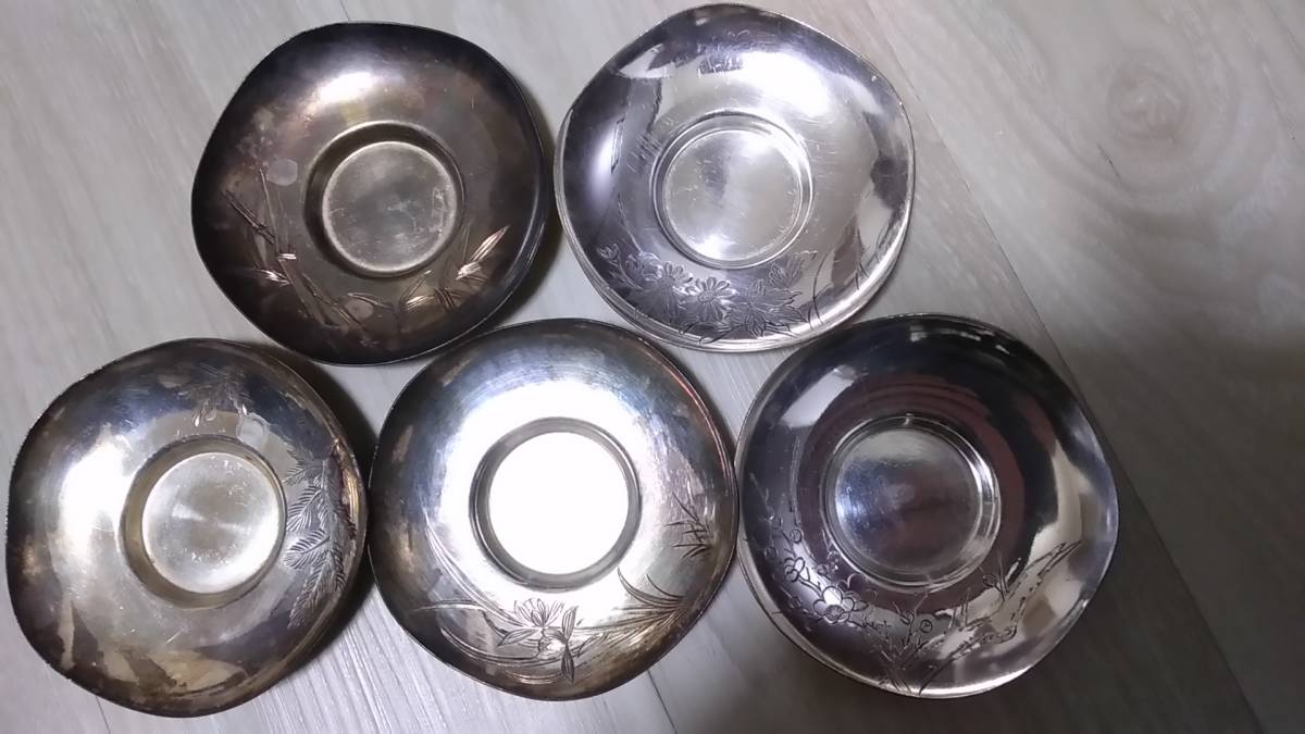 純銀　菓子器　五客　彫　梅蘭竹菊松　約２９０ｇ　径10㎝　蔵出し品　煎茶道具