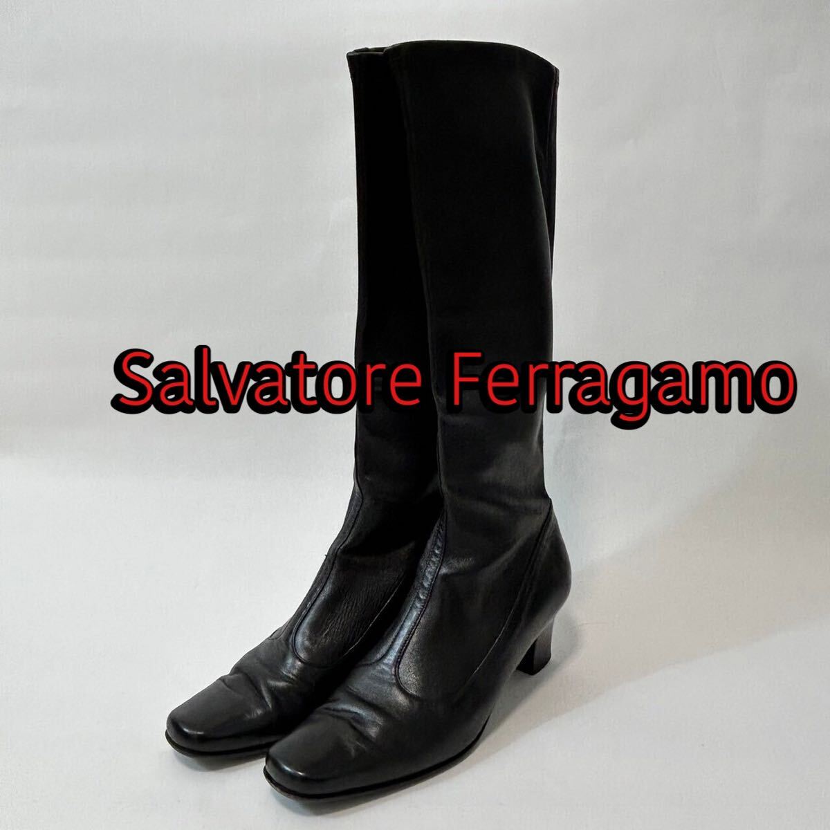 Salvatore Ferragamoレザー タイト ニーハイ ブーツ 黒 サイズ:23㎝ ロングブーツ ブラック