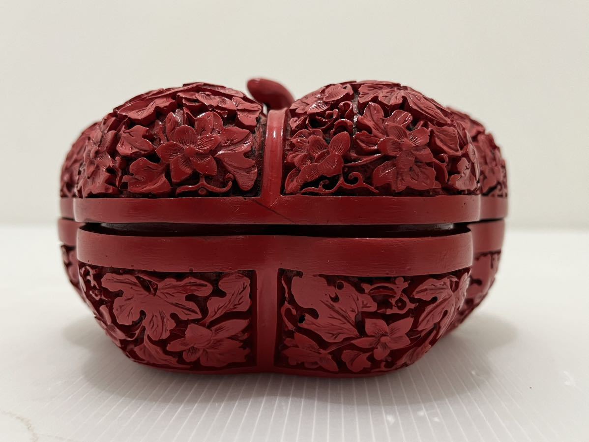 D(301k14) 堆朱 菓子器 かぼちゃ型 中国美術 蓋物 小物入れ 茶道具 工芸品 _画像6