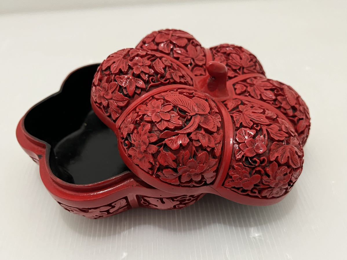 D(301k14) 堆朱 菓子器 かぼちゃ型 中国美術 蓋物 小物入れ 茶道具 工芸品 _画像3