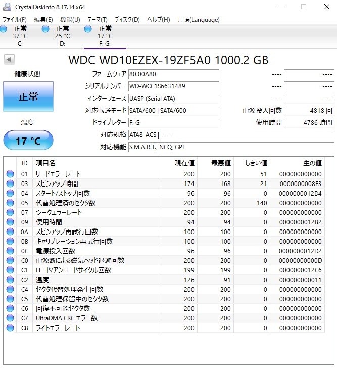 「正常」判定!! NEC VALUESTAR VN370/N PC-VN370NS 取り外しHDD 工場出荷状態Win8.1リカバリ済 Western Digital WD10EZEX SATA 1.0TB_「正常」判定です