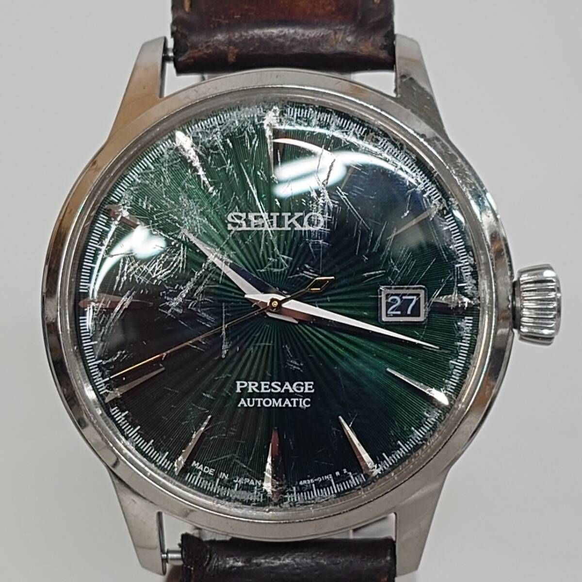 1円~【実動】セイコー SEIKO プレサージュ PRESAGE 4R35-01T0 自動巻き メンズ腕時計 グリーン文字盤 デイト 裏スケ ラウンド G142799_画像1