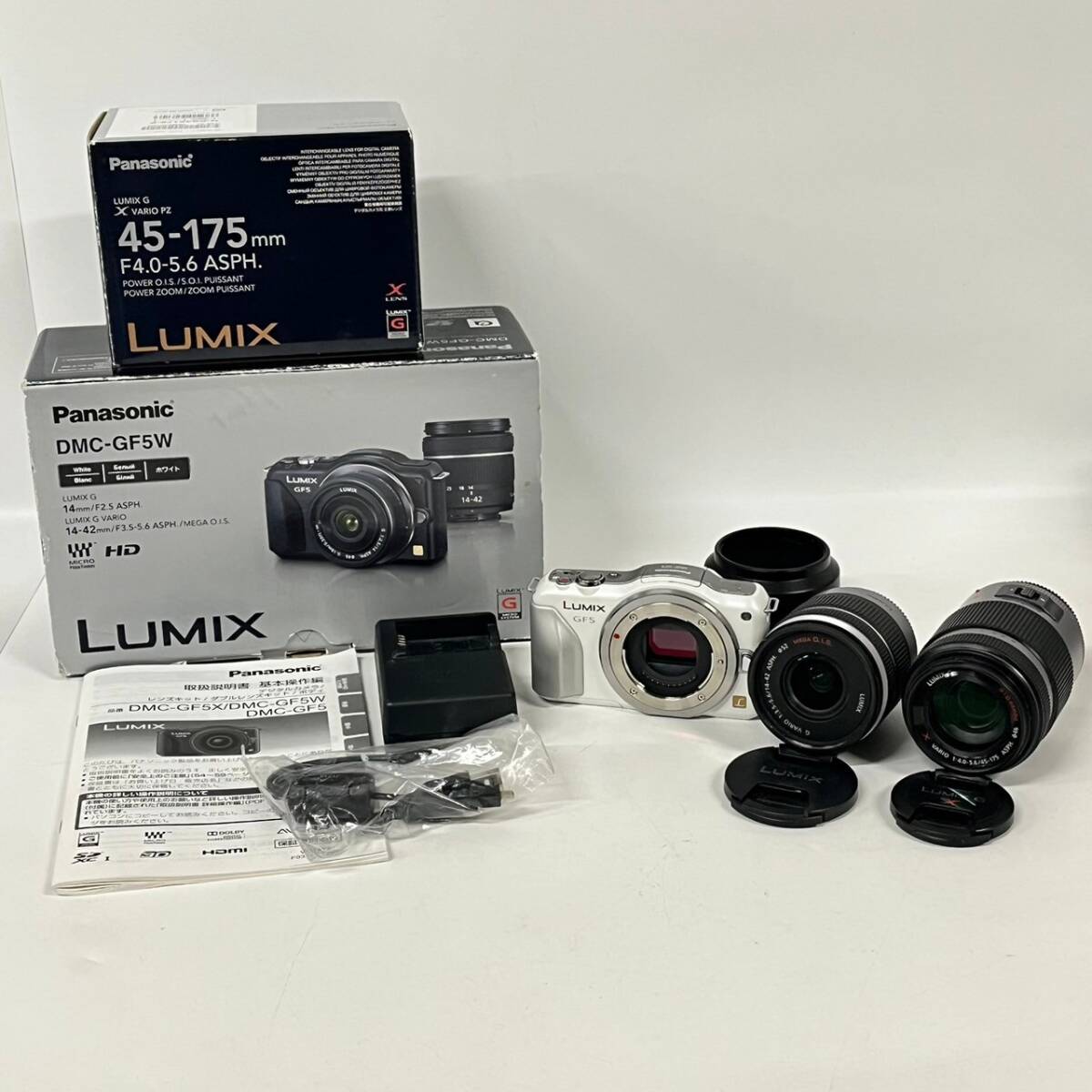 1円~【通電確認済】パナソニック Panasonic LUMIX DMC-GF5 G X VARIO 1:3.5-5.6/14-42 1:4.0-5.6/45-175 ASPH. ミラーレスカメラ G122931の画像1