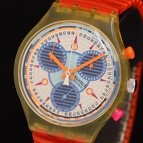 1円 稼働 箱付 スウォッチ 350 QZ クロノグラフ ブルー系文字盤 メンズ腕時計 SGN 2213000 3PRY_画像1