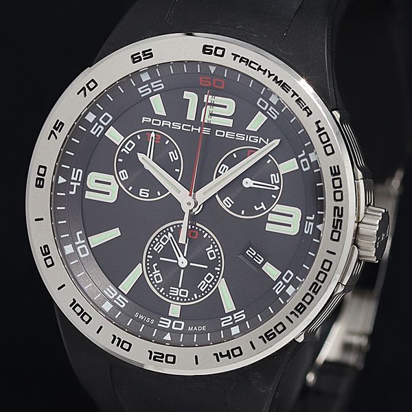 1円 稼働 良品 QZ ポルシェデザイン フラットシックス P6320 デイト クロノグラフ スモセコ 黒文字盤 メンズ腕時計 OKZ 2000000 3NBG2の画像1