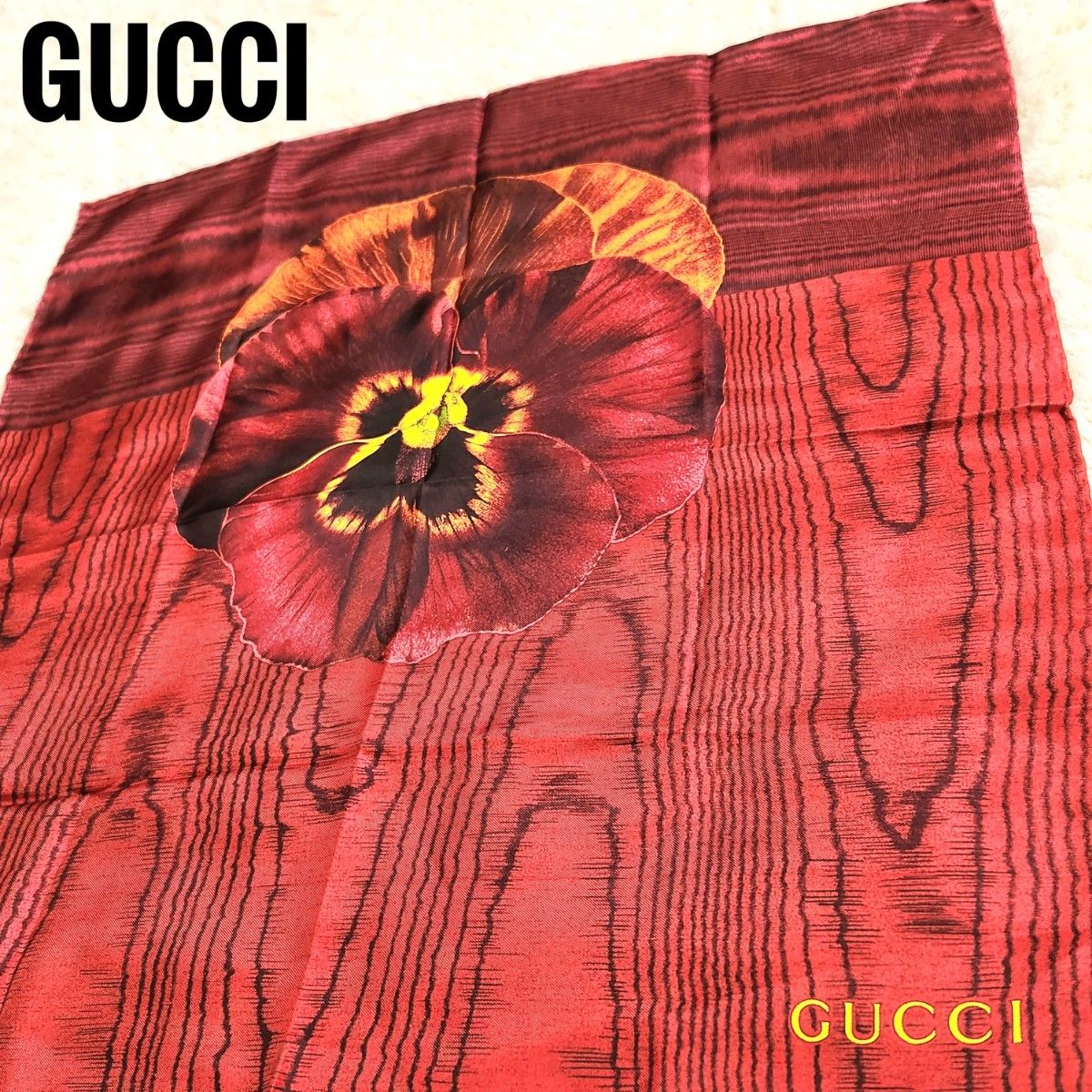 美品 GUCCI グッチ☆シルク スカーフ ポケットチーフ パンジー 花柄 48×48 レッド スカーフ シルクスカーフ