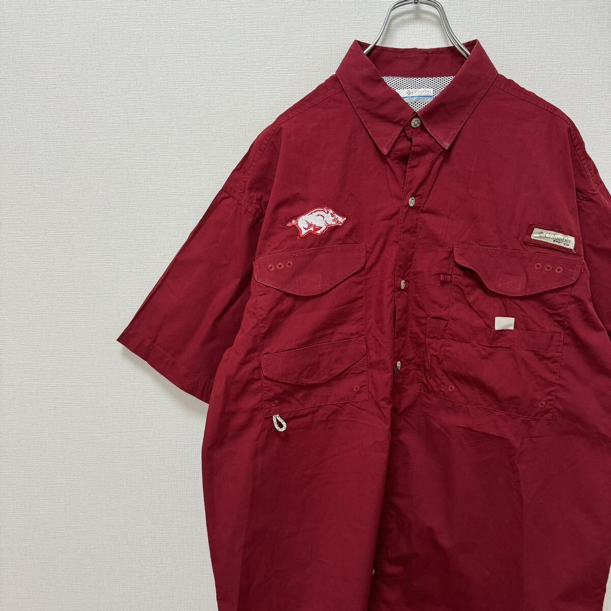 レッド　PFG 古着　フィッシングシャツ　半袖シャツ　コロンビア