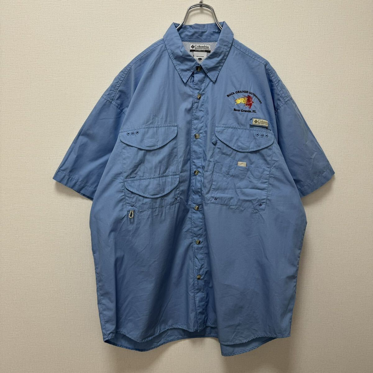 古着　コロンビア　フィッシングシャツ　ブルー　PFG 半袖シャツ