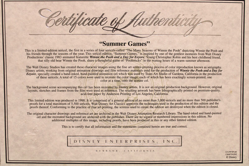 【複製セル画】「くまのプーさん サマーゲーム」額装 保証書付 5,000点限定 ウォルトディズニーカンパニー社 1998年版の画像7