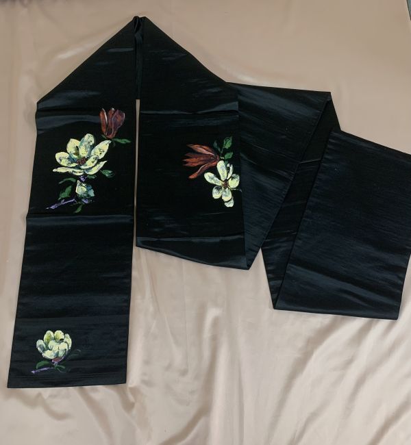  for lady silk capital double-woven obi . futoshi hand drum pattern black ground . colorful . hand ... flower pattern width 30 length 380cm storage goods 