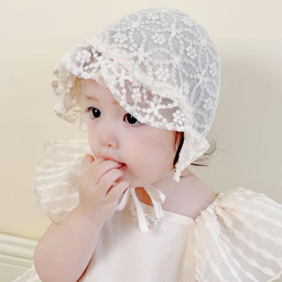 ベビー帽子　レース　新生児　可愛い　赤ちゃん帽子　ピンク　出産祝い　プレゼント　44cm 新品　